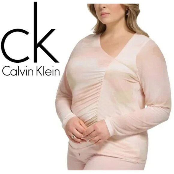 CALVIN KLEIN Plus Size Pink Asymmetrical-Neck Ruched Long-Sleeve Top NWT - Picture 1 of 7